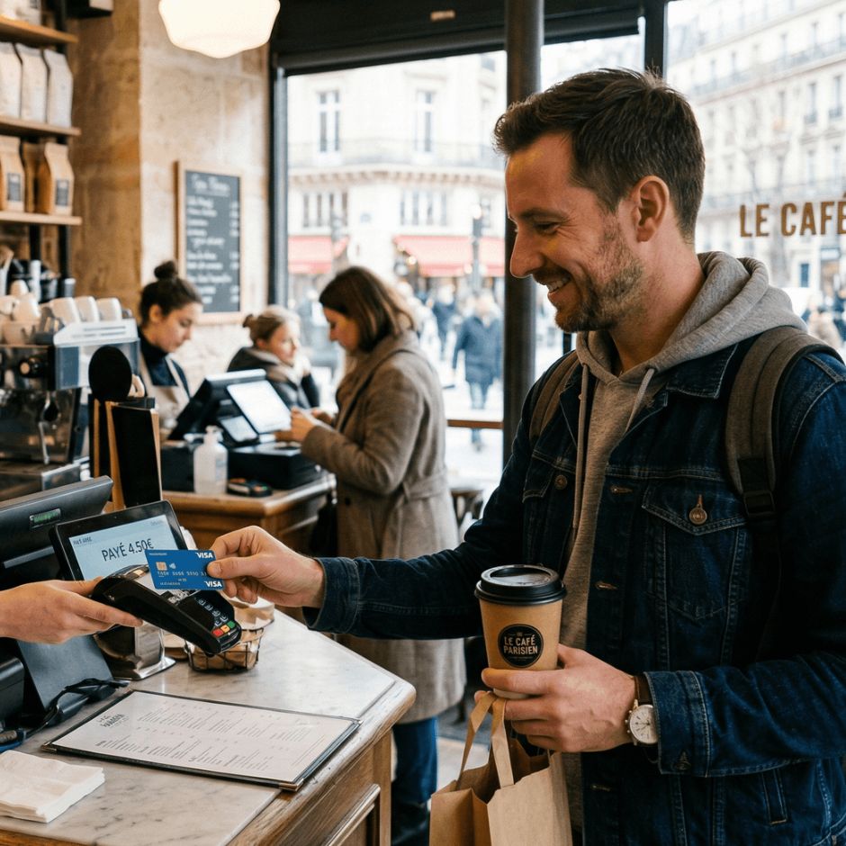 Homme payant un café avec une carte bancaire